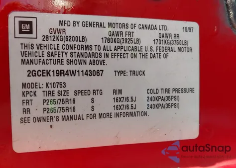 1998 Chevrolet K1500 Fleetside z USA, uszkodzony, nr VIN 2GCEK19R4W1143067